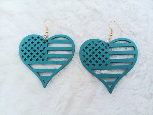 Beautiful Teal Wooden Heart Flag Earrings