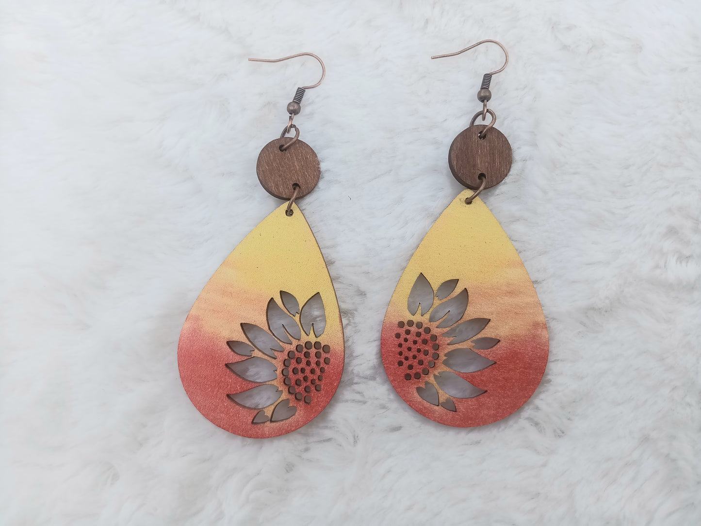 Colorful Sunset Sunflower Wood Carved Earrings