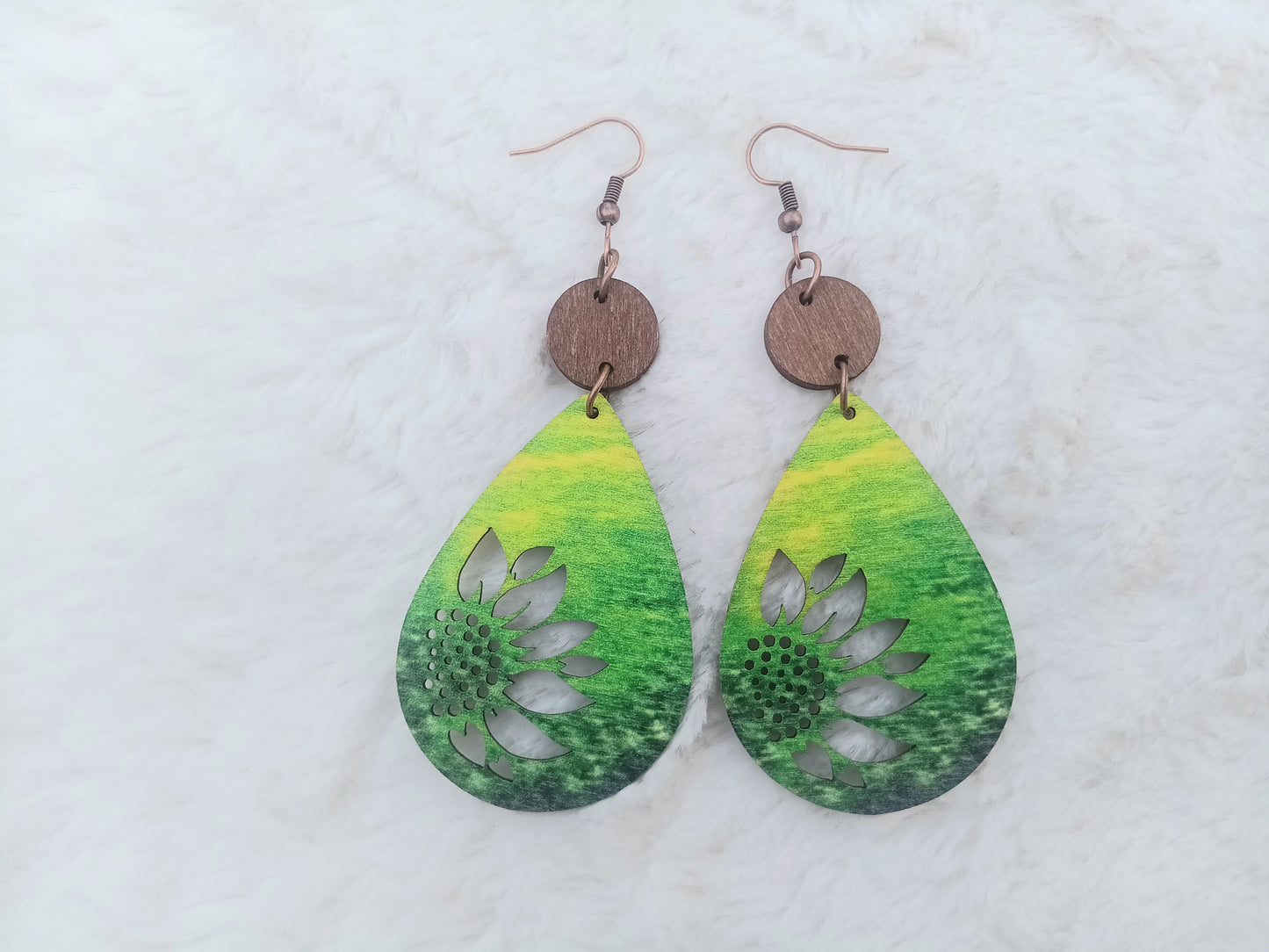 Colorful Forrest Sunflower Wood Carved Earrings