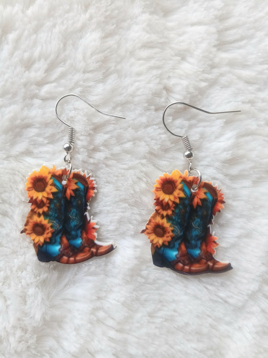 Southwestern Charm Sunflower Cowgirl Boots Earrings