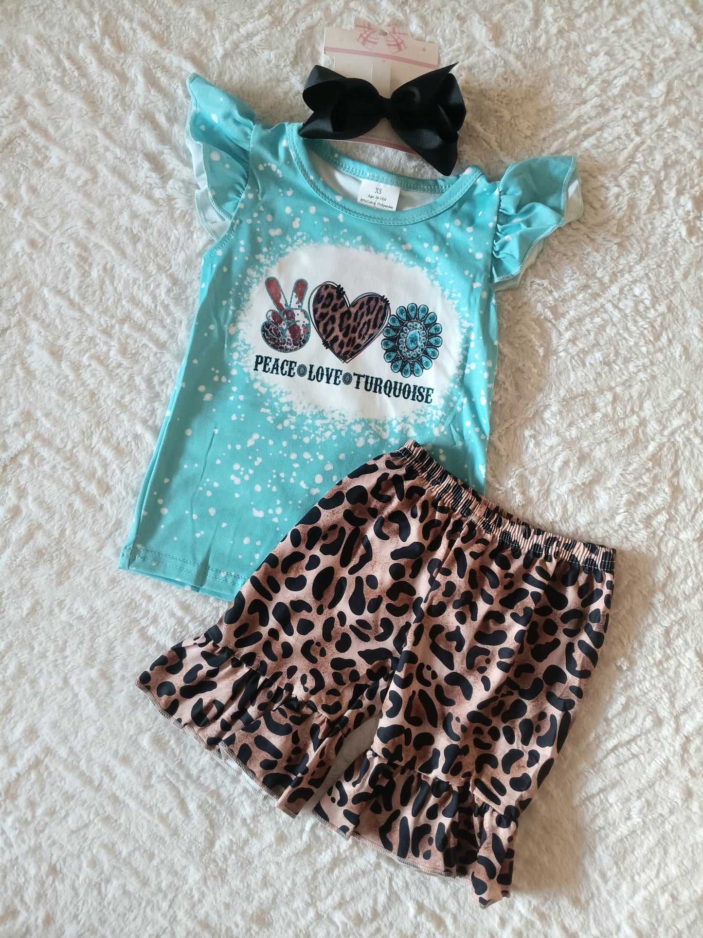 Adorable Infant/Toddler flutter sleeves Peace, Love Turquoise Animal Print short set w/bow