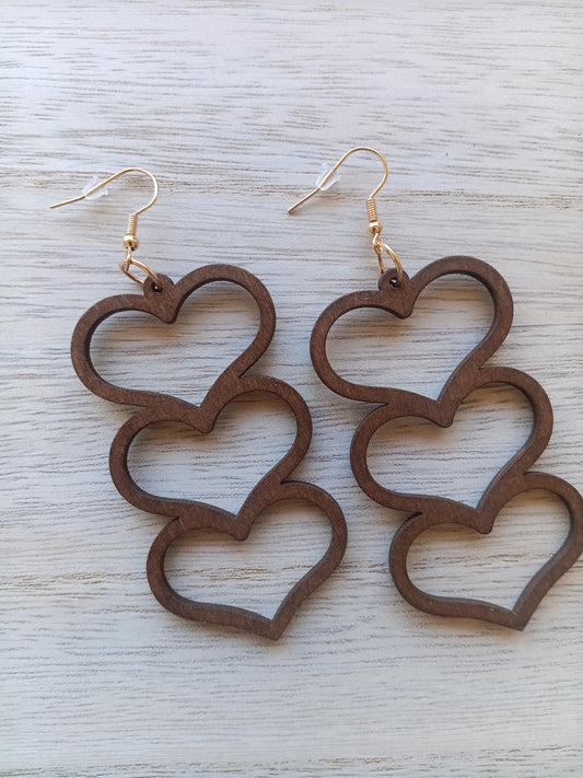 Adorable wood Long Stacked Heart Earrings