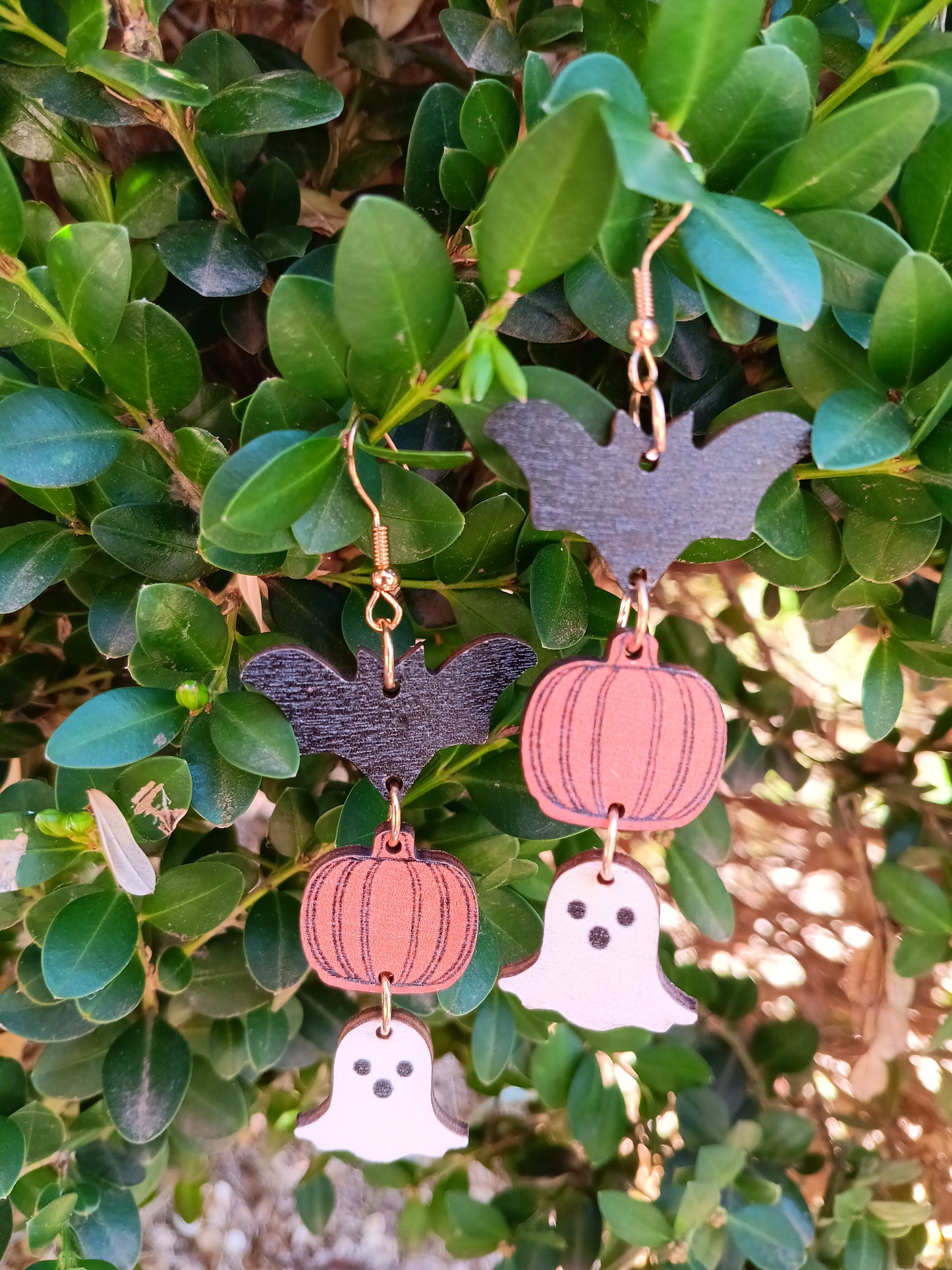 Adorable Wooden Halloween Bat ghost Dangle Earrings