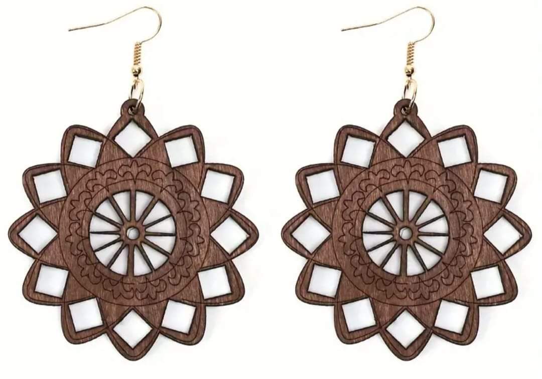 Beautiful Large Bohemian Brown Wood Carved Earrings