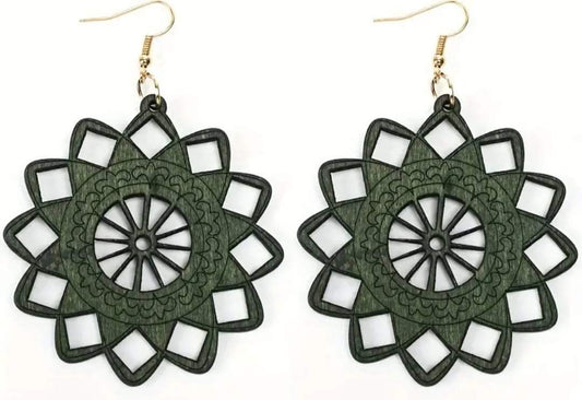 Beautiful Large Bohemian Hunter Green Wood Carved Earrings