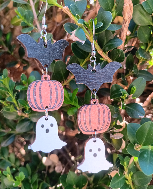 Adorable Wooden Halloween Bat ghost Dangle Earrings