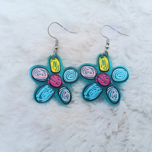 Colorful Teal Bohemian Flower Earrings