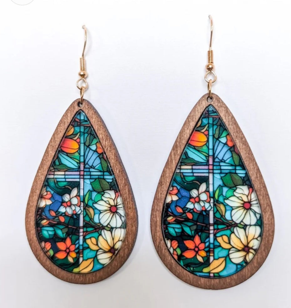 Beautiful Wood and Floral Stained-Glass Effect Earrings