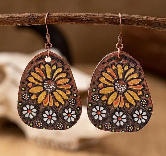 Rustic Bohemian Daisies PU Leather Earrings