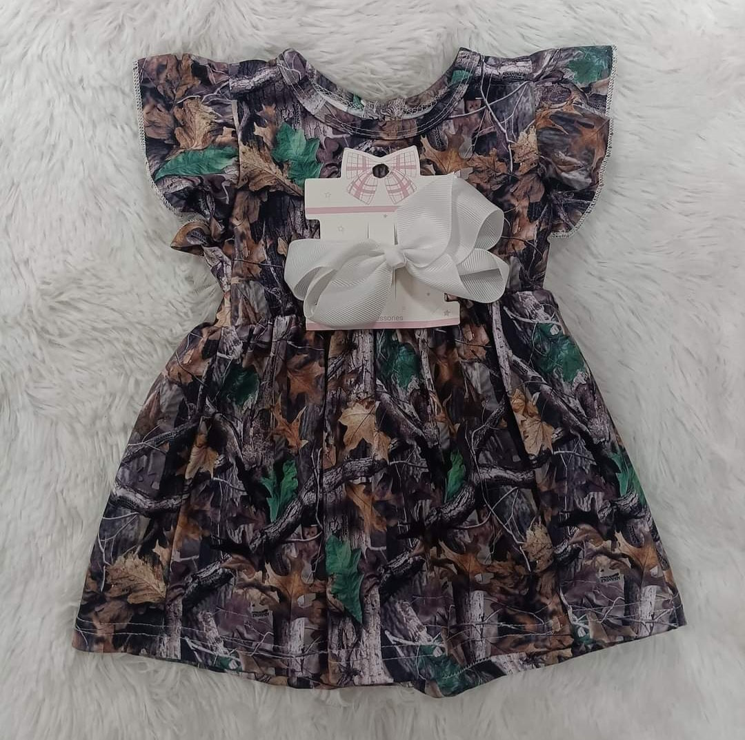 Adorable Baby Girl Camo dress with Flutter sleeves & Bow